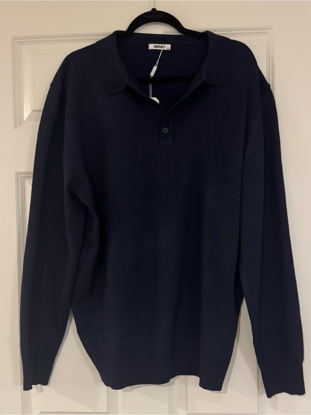 NWT Coofandy men's long sleeve knit polo sweater in classic navy. Size 2XL.